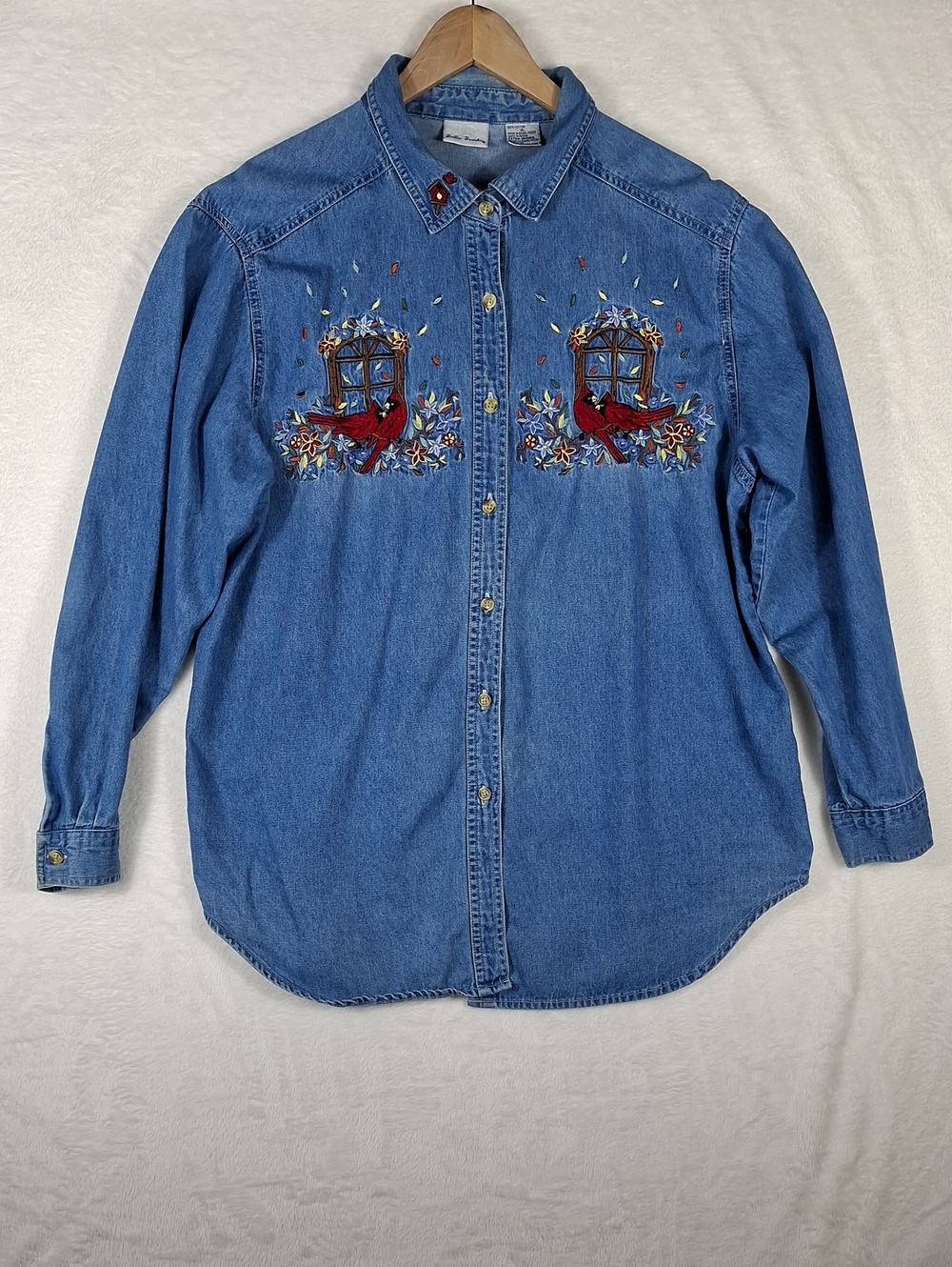 Bobbie Brooks Womens Denim Button-Down Shirt with Red Cardinal Embroidery Sz XL